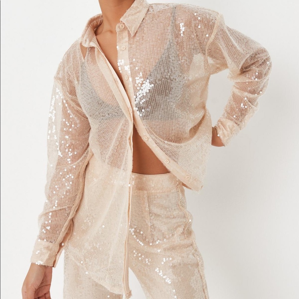 NWOT Missguided Champagne Co Ord Sequin Oversized Shirt